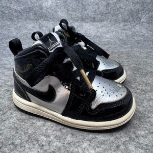 Nike Air Jordan 1 Mid SE GS Black Silver Metallic Toddler Boys Size 6C Shoes
